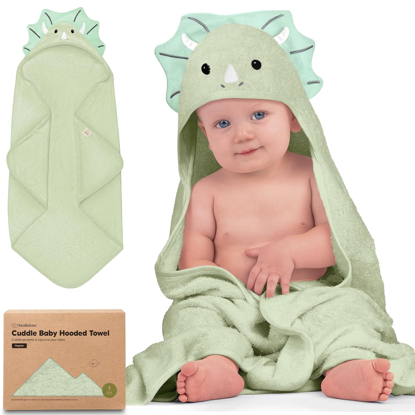 KeaBabies Hooded Baby Towel for Newborn - Viscose Derived from Bamboo Large Baby Bath Towels with Hood for Boys, Girls, Toddler, Extra Absorbent & Soft Newborn Bath Essentials (Triceratops, Regular)