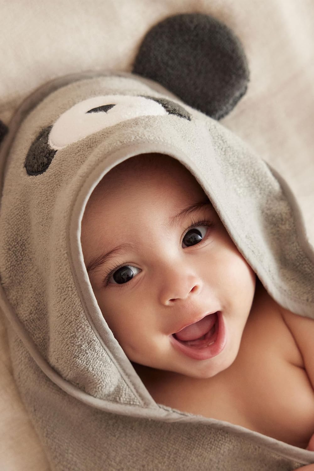 MORI Baby Hooded Bath Towel with Panda Design in Grey - Unisex Soft Wrap Cloth for Infants and Newborns - 30 x 30”