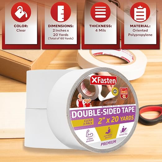 XFasten Removable Double Sided Tape Clear 2 inch x 20 Yards Transparent