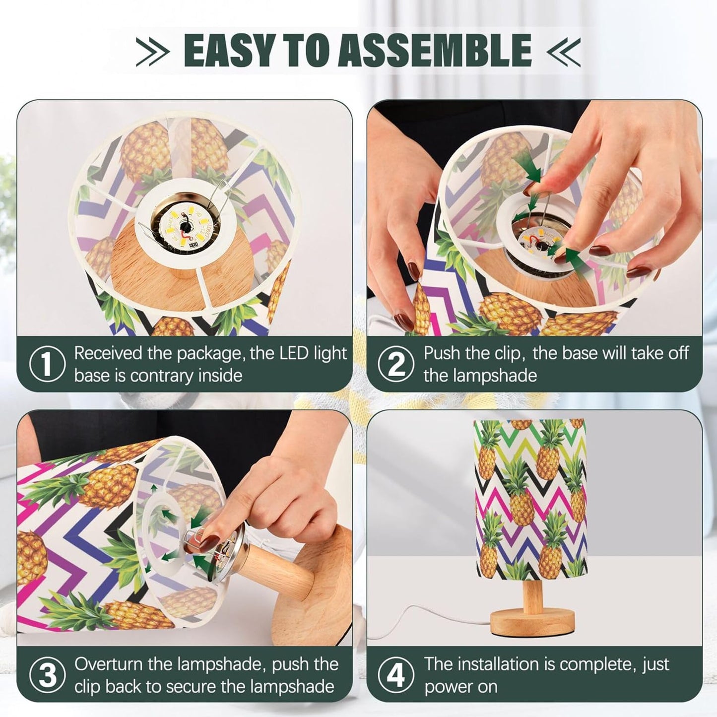 Table Lamp Pineapple Fruit Colorful Geometric Chevron Nightstand Lamp with Wood Base Fabric Lamp Shade Bedside Desk Lamp for Living Room Bedroom Kids Room Office