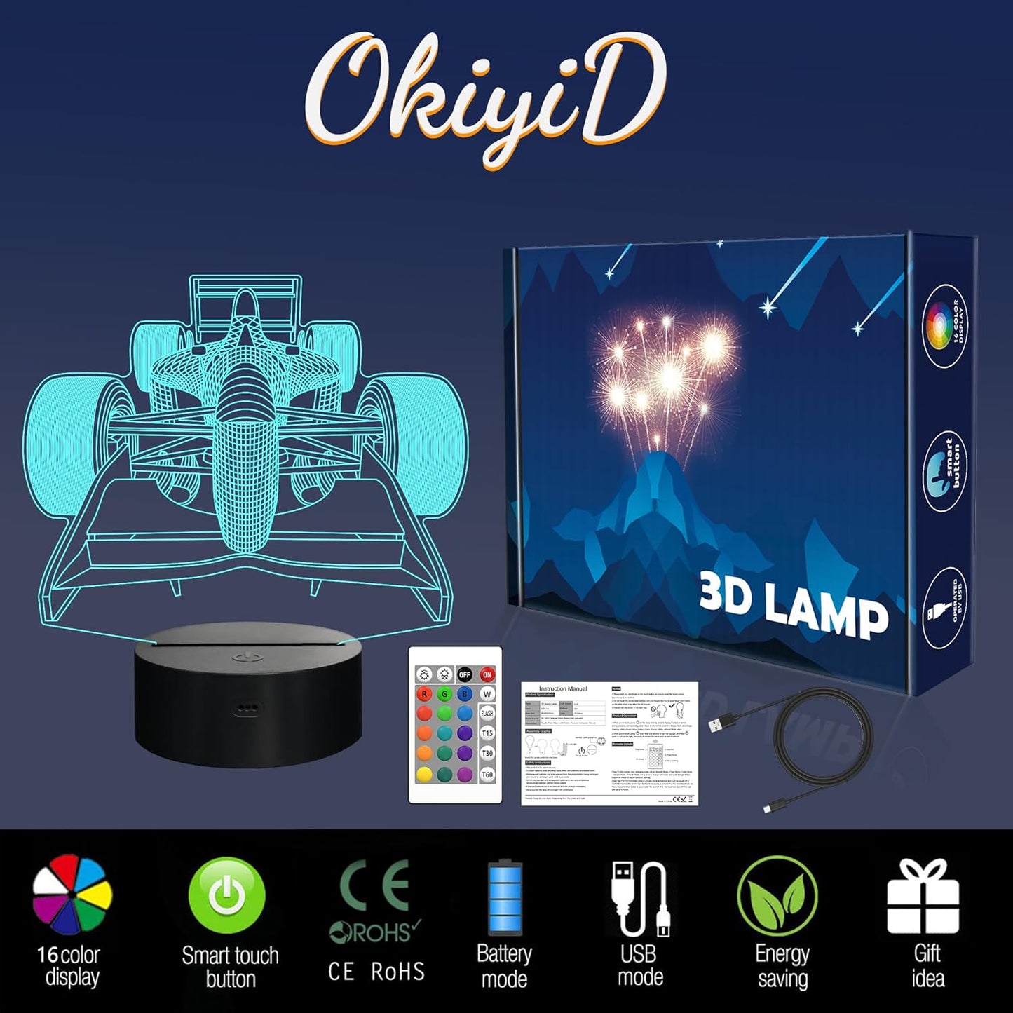 F1 Gifts for Boys Men, Formula 1 Racing Car 3D Illusion lamp Roadster Night Light for Kids Boys Bedroom Decor,16 Colors Changing Lighting Lamp with Remote Control