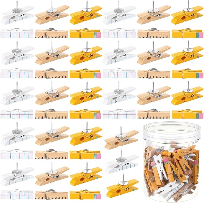Tenceur 80 Pcs Wooden Clips Push Pins Thumbtacks Back to School Gift