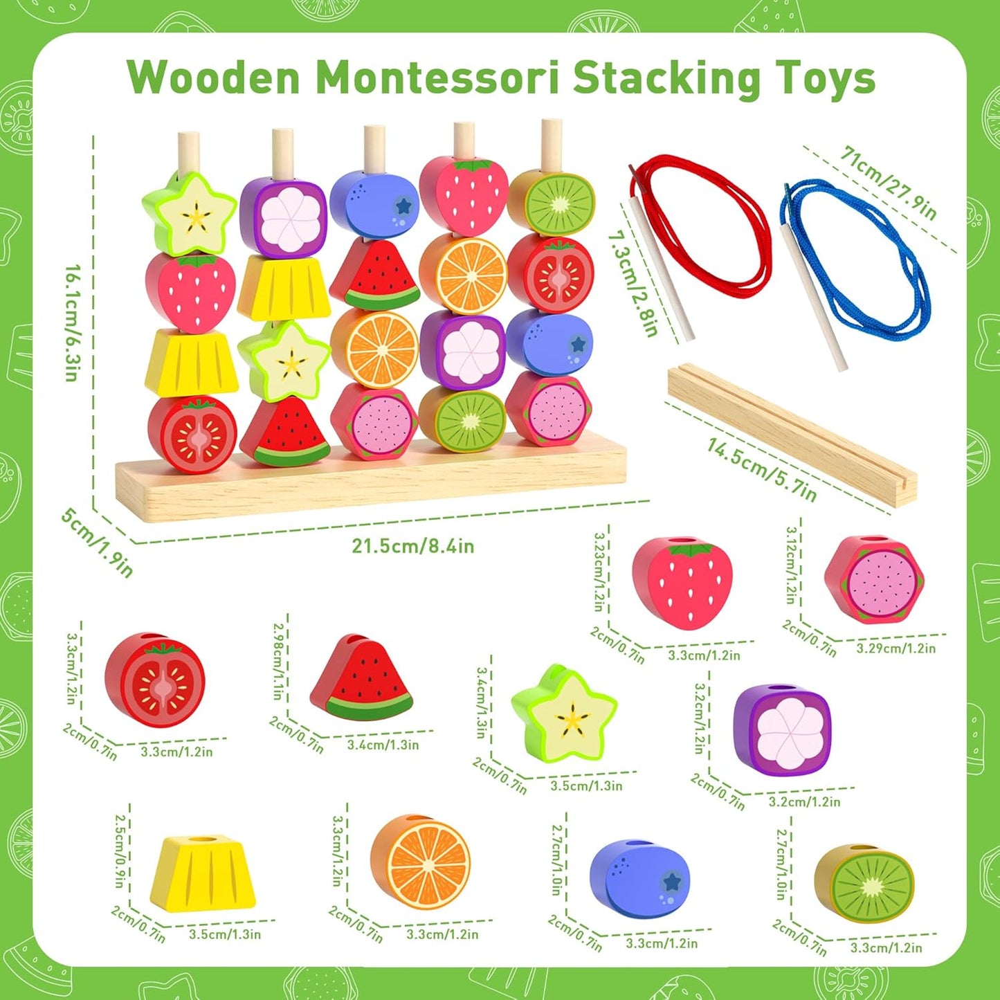 Montessori Toys for 3 4 5 Year Old, Wooden Fruit Toddler Stacking Toys, Stacking Blocks & Lacing Beads & Shape Sorter Toy for Toddler, STEM Preschool Learning Toys for Kids Boys Girls