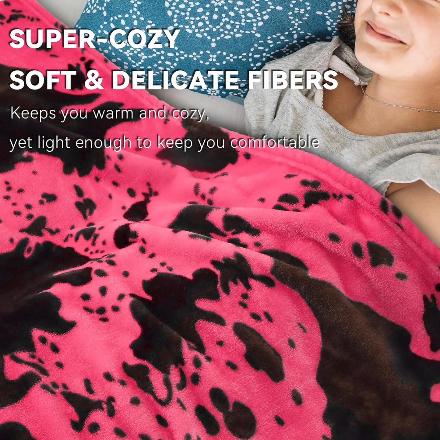 King Size Throw Blanket for Bed - Pink Cow Print Blanket Lightweight Warm Fuzzy Soft Fleece Bedding for Bedroom, Living Room, Gifts for Women