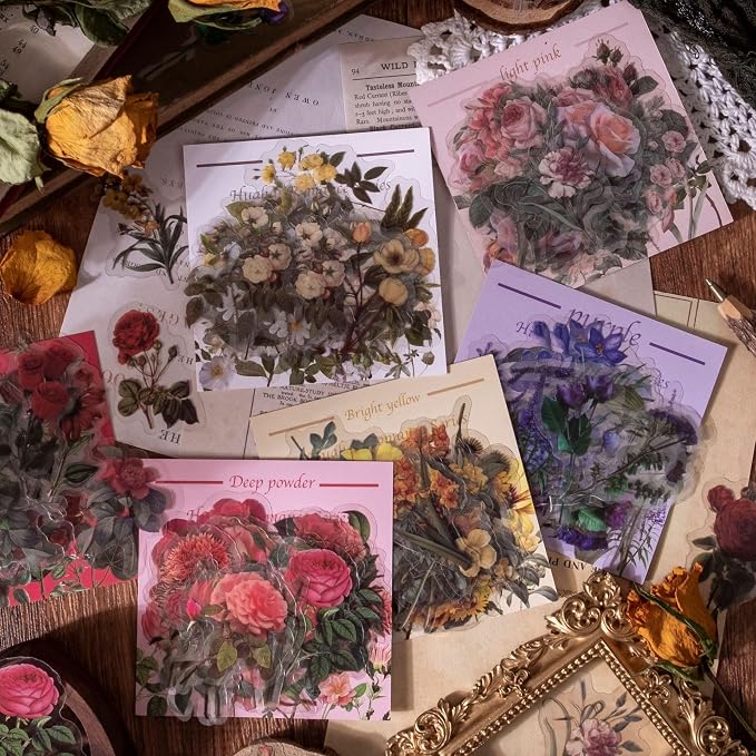 240Pcs Vintage Nature Flower Botanical Clear Stickers | Waterproof, Aesthetic
