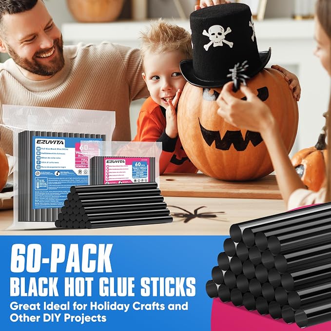 EZUVITA 60-Pack Full Size Hot Glue Sticks, 0.43” Dia x 8” Long | Black