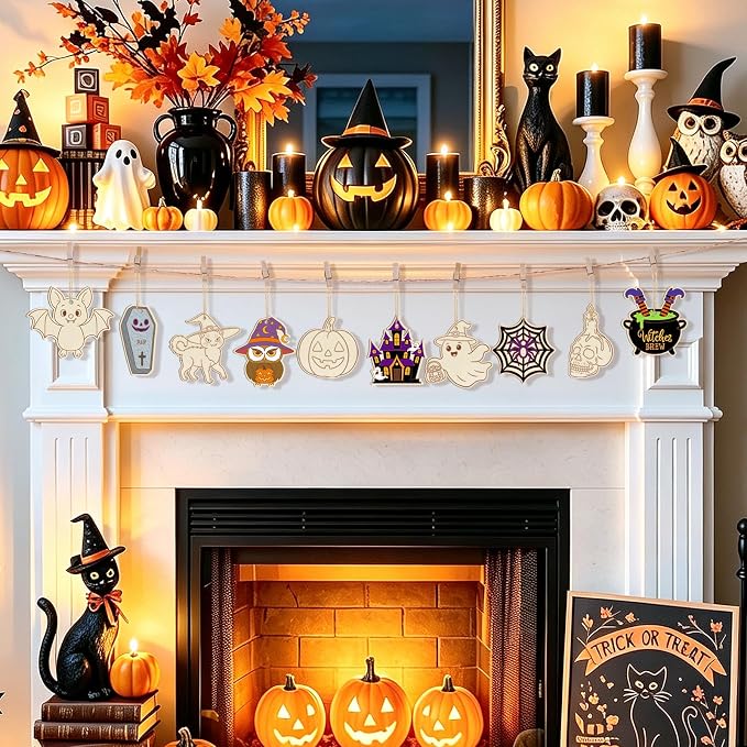 80PCS Wooden Halloween Ornaments to Paint Fall Decorations Crafts