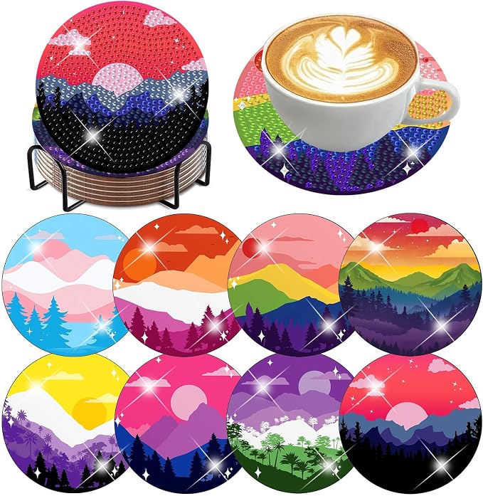 8 PCS Diamond Art Coasters Kits Moutain Sunset Diamond Painting Coaster |