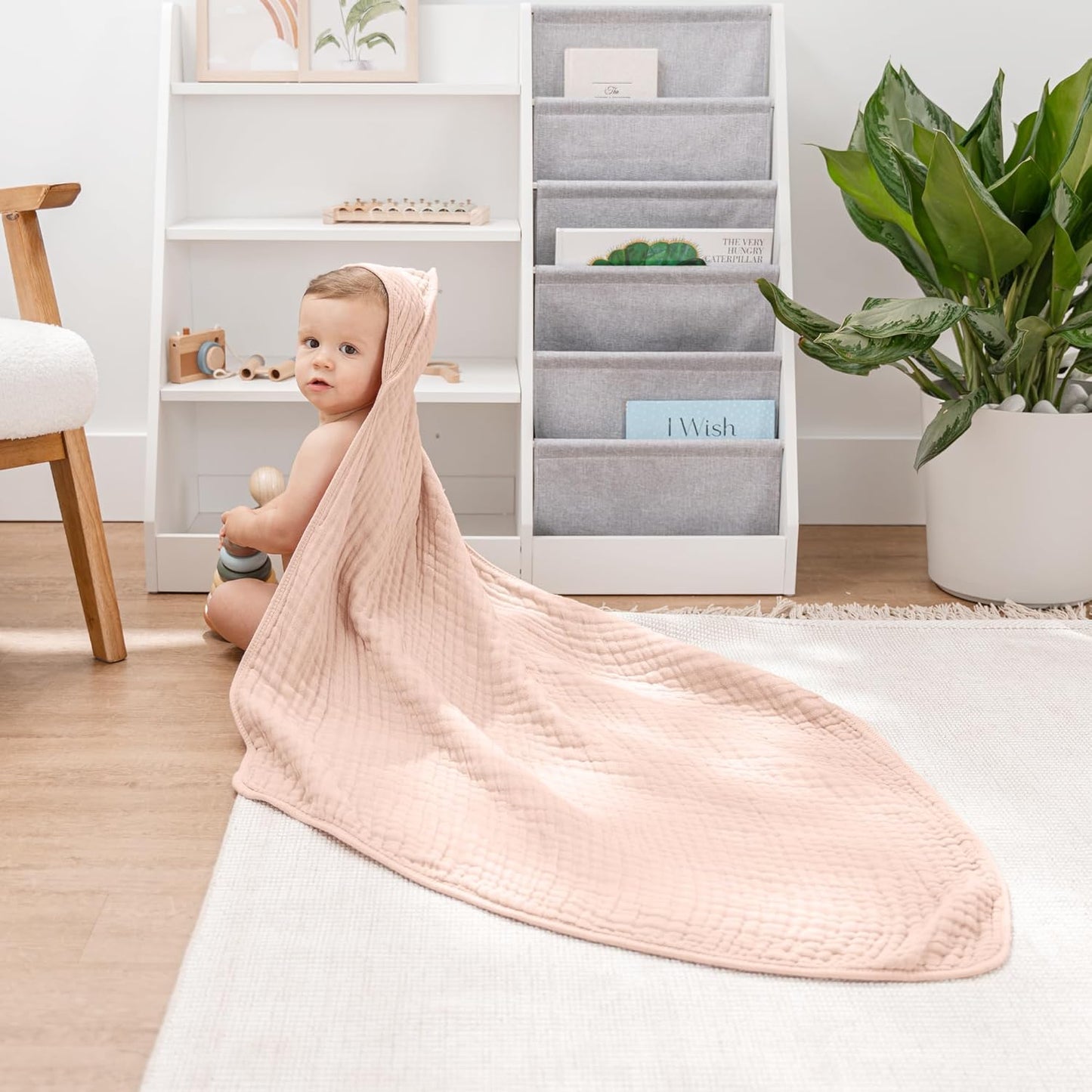 Comfy Cubs Hooded Baby Towel 2-Pack, Large 32 x 32 Inch - 6 Layer 100% Muslin Cotton for Babies, Toddlers and Kids - Soft & Absorbent Baby Bath Towels - Unisex Design for Bath Time - Blush