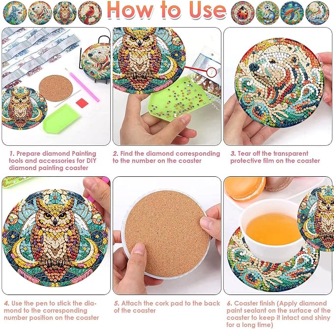 ijbnhd 8 PCS Animals Diamond Art Coasters Kit | Animals Diamond Painting