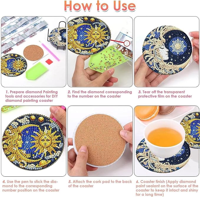 8 PCS Diamond Art Coasters Kits Sun and Month Diamond Painting Coaster |