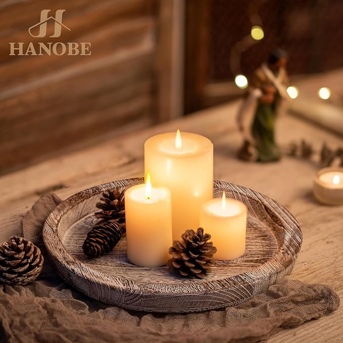 Hanobe Decorative Coffee Table Tray, Round Wood Candle Holder Plate | Wooden