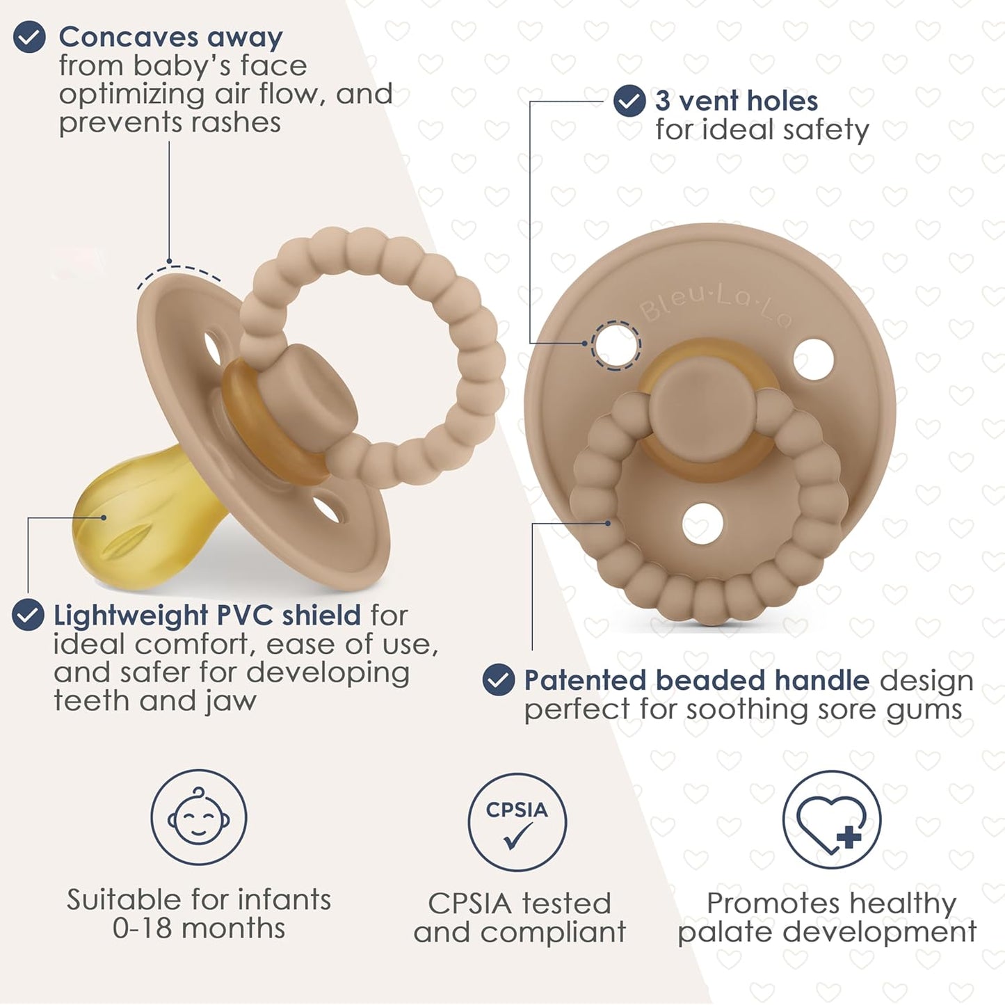 Luladream Pacifier and Clip Set - Natural Rubber Nipple - Soft Teething Handle - for Infants Baby's and Toddlers, 0-18 Months (Sky Blue + Ash Blue + Clips)