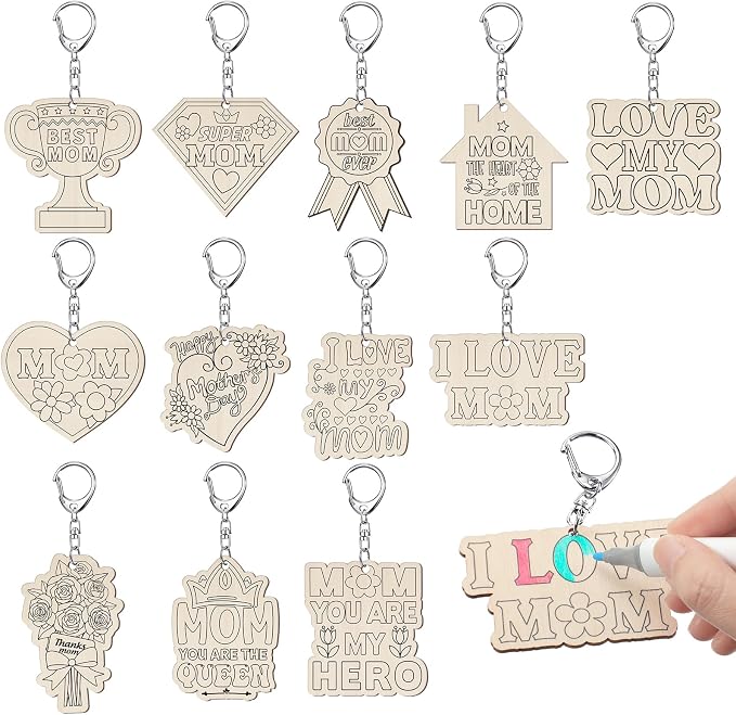 RattanView 24 Pcs Mom Craft Color Your Own Keychains Diy Craft Wooden Blank