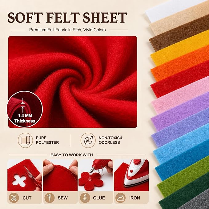 Red Large Felt Fabric 36" x 36", 1.4 mm Soft Felt Sheet, Nonwoven Fabric