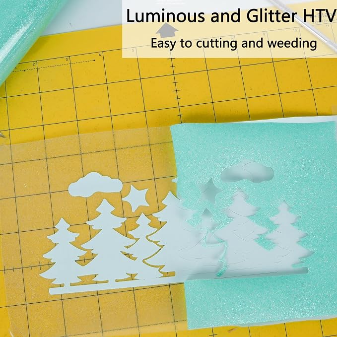 HTVVETUR Glitter Cyan Heat Transfer Vinyl, Glow in The Dark HTV Vinyl Roll 12"