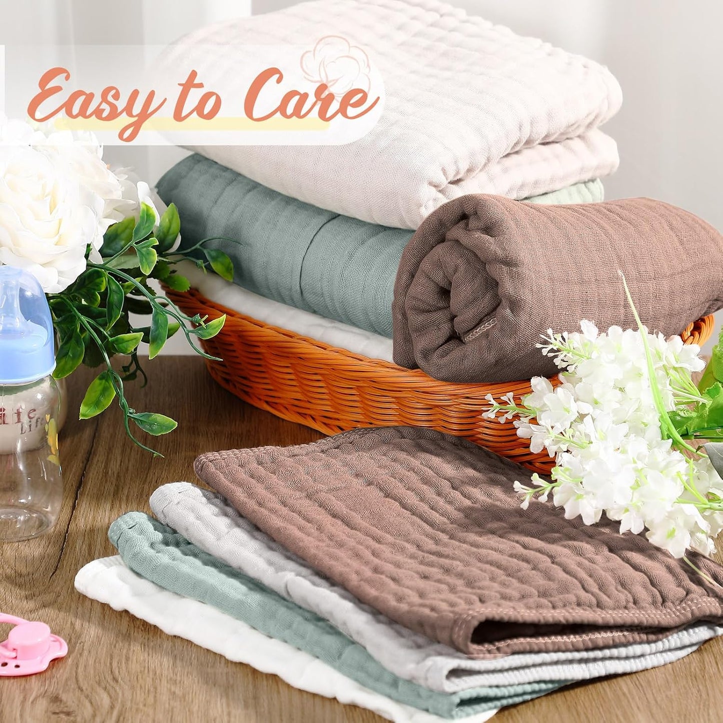VitalCozy 8 Pcs Baby Muslin Hooded Bath Towels and Washcloths, 32 x 32 Inch Muslin Cotton Absorbent Hooded Blankets for Gift Newborn Infant Shower (Grey, Blue)