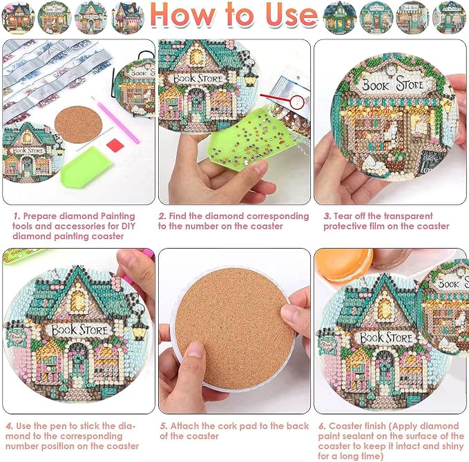ijbnhd Diamond Art Coasters Kits, Book Store, 4x4 inch | Cork Wooden Pad