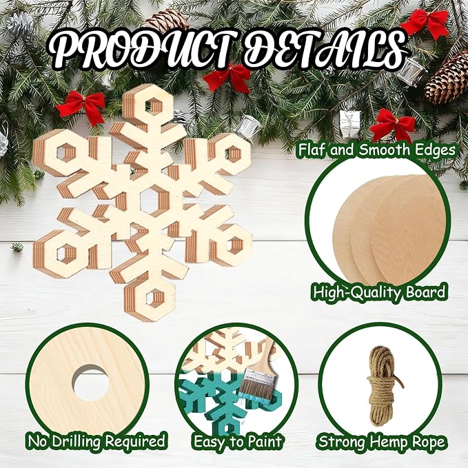 20Pcs Large Wooden Snowflake Unfinished Cutouts Christmas Ornaments DIY Craft