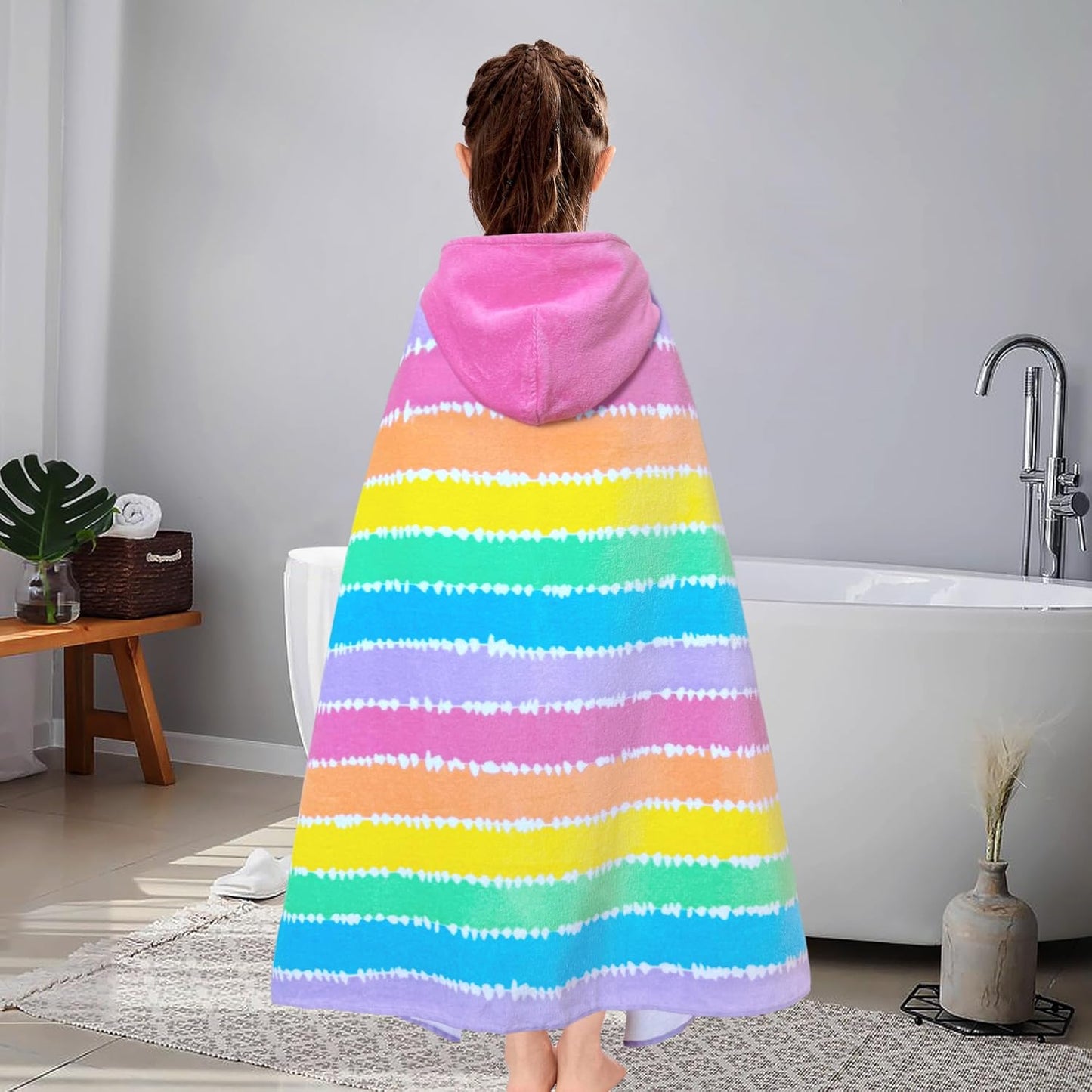 VOOVA & MOVAS Hooded Beach Towels for Girls & Kids (3-10 Years) | 30"x50" Soft Absorbent 100% Cotton Towel Wrap | Perfect for Toddler Beach, Pool, Bath, Swimming | Striped Color Design