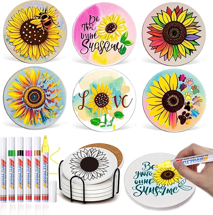 6 Absorbent Ceramic Tiles with Cork Base, Paint Your Own Sunflower Coaster |