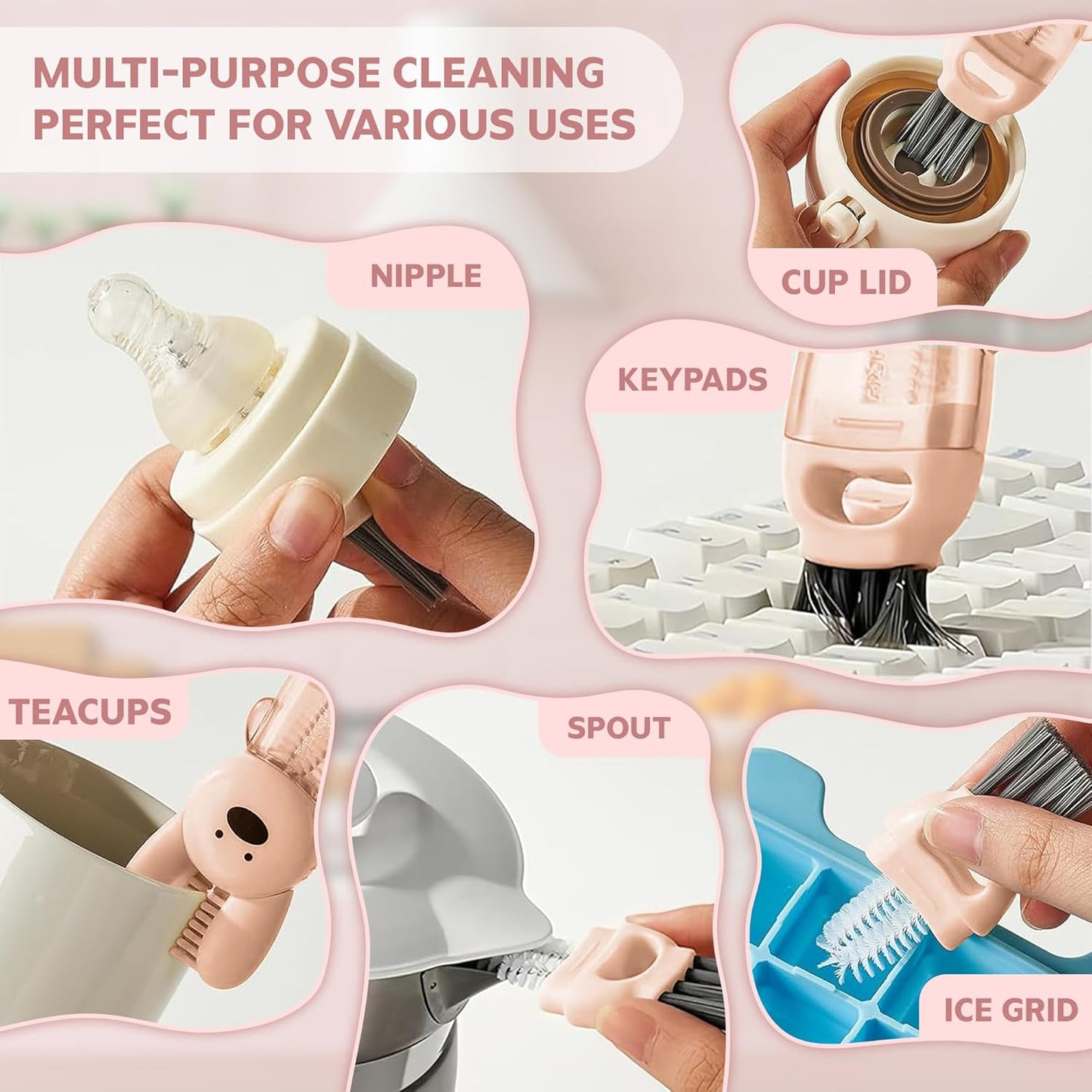 Cup Lid Cleaning Brush, Multifunctional Set with 3 in 1 Lid Cleaner and Two 4 in 1 Cup Lid Cleaning Brushes, Cleaning Brush Tool for Bottles, Straws, Tumblers, Travel Mug Caps, Portable Kit (Pink)