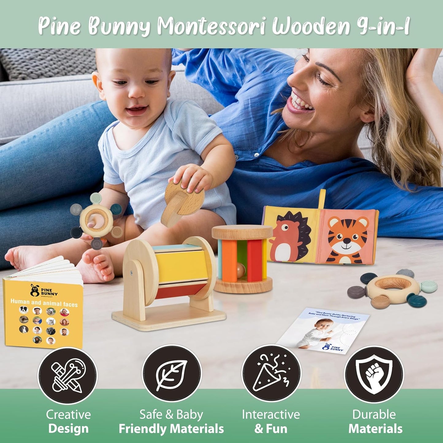 Pine Bunny Montessori Wooden 9-in-1 Toy Set for 4+ Months, Silicone Teether, Interlocking Discs, Mirror Toy, Wooden Bell Cylinder, Cloth Book, Spinning Drum, Educational Learning Sensory Development