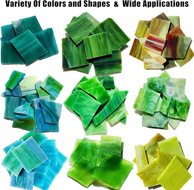 Broken Stained Glass Scraps Mixed Green Colors, Irregular Stained Glass Sheets