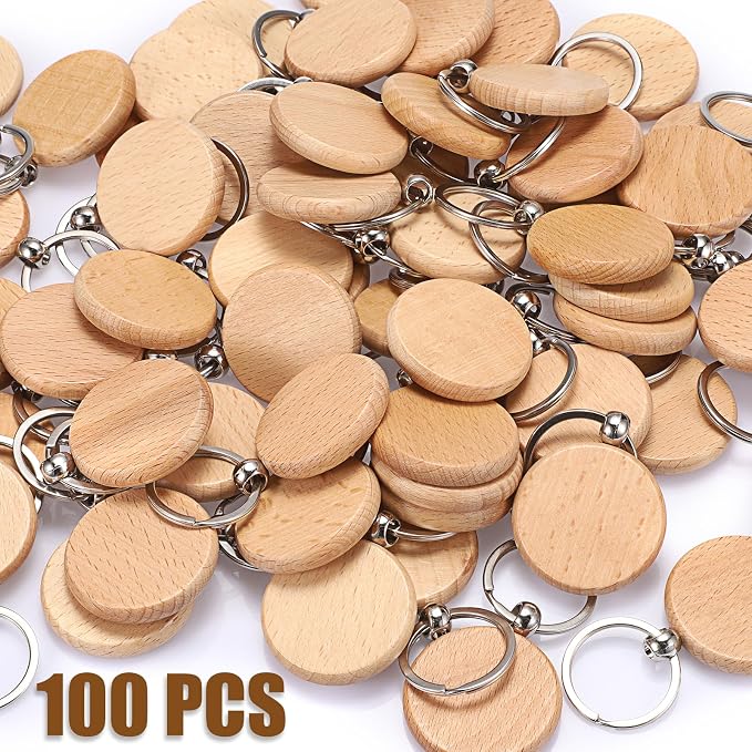 JUXYES 100 PCS Unfinished Wooden Keychain Blanks