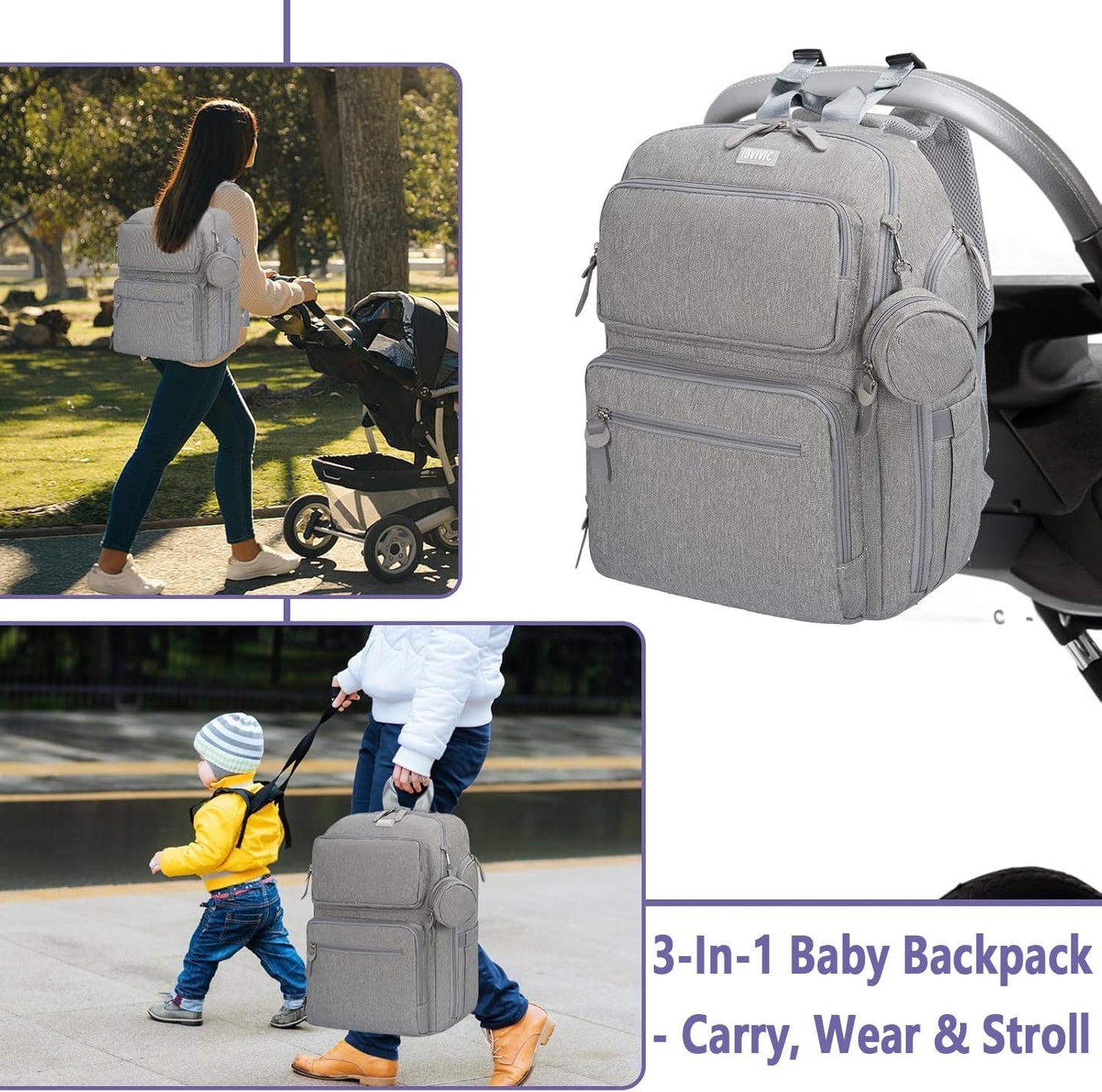 Diaper Bag Large Capacity Diaper Backpack Multi-Function Baby Diaper Bag For Dad And Mom With Insulated Pockets, Stroller Straps，Grey