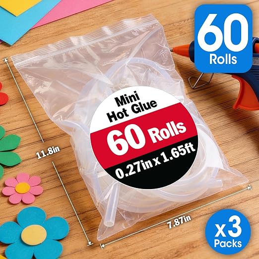 60 Pack Mini Hot Glue Stick Rolls, Each 1.65 FT Long x 0.27" Diameter Glue