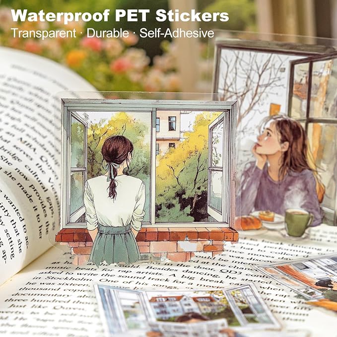 120PCS Watercolor Window PET Stickers – Scenic Views of Cats, Flowers & Cozy