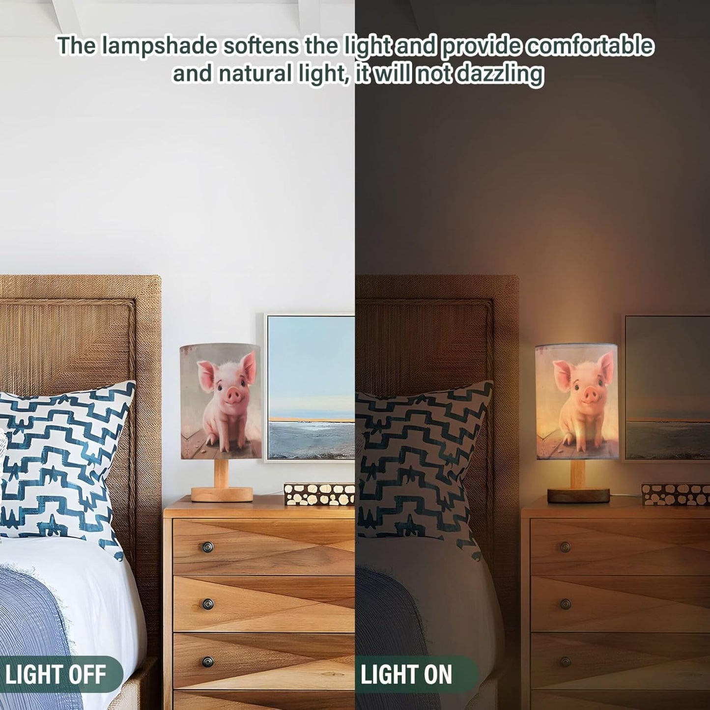 Table Lamp Cute Pink Pig Farm Animal Nightstand Lamp with Wood Base Fabric Lamp Shade Bedside Desk Lamp for Living Room Bedroom Kids Room Office