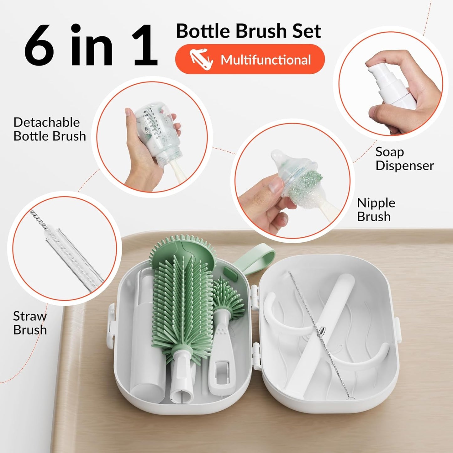 Portable 6 in 1 Travel Kit, Baby Travel Essentials, Bottle Brush Set, Silicone Brushes, Nipple & Straw Cleaner, Soap Dispenser, Storage Box & Drying Rack