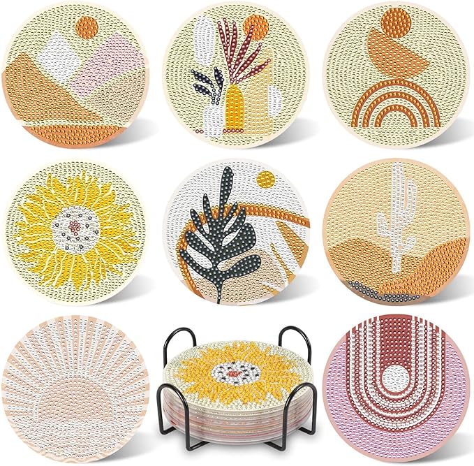 UPINS 8Pcs Boho Diamond Art Painting Coasters
