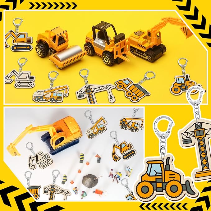 RattanView 24 Pcs Construction Vehicle Craft Color Your Own Keychains Diy Craft