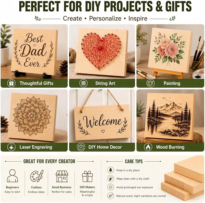 4 PCS Solid Pine Wood Blocks, Laser Engraving, DIY Signs, Home Decor and Craft