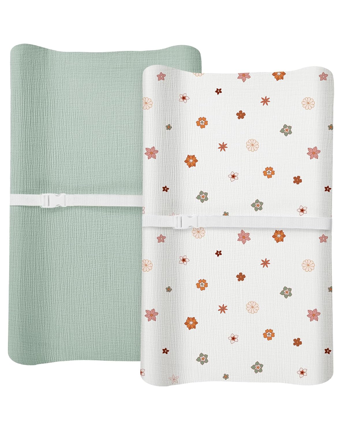 Changing Pad Cover for Baby Boy Girl 2 Pack, Muslin Changing Table Pad Covers with Boho Style, Neutral Nursery Bedding Essentials Soft and Breathable(Sage & Flower-B)