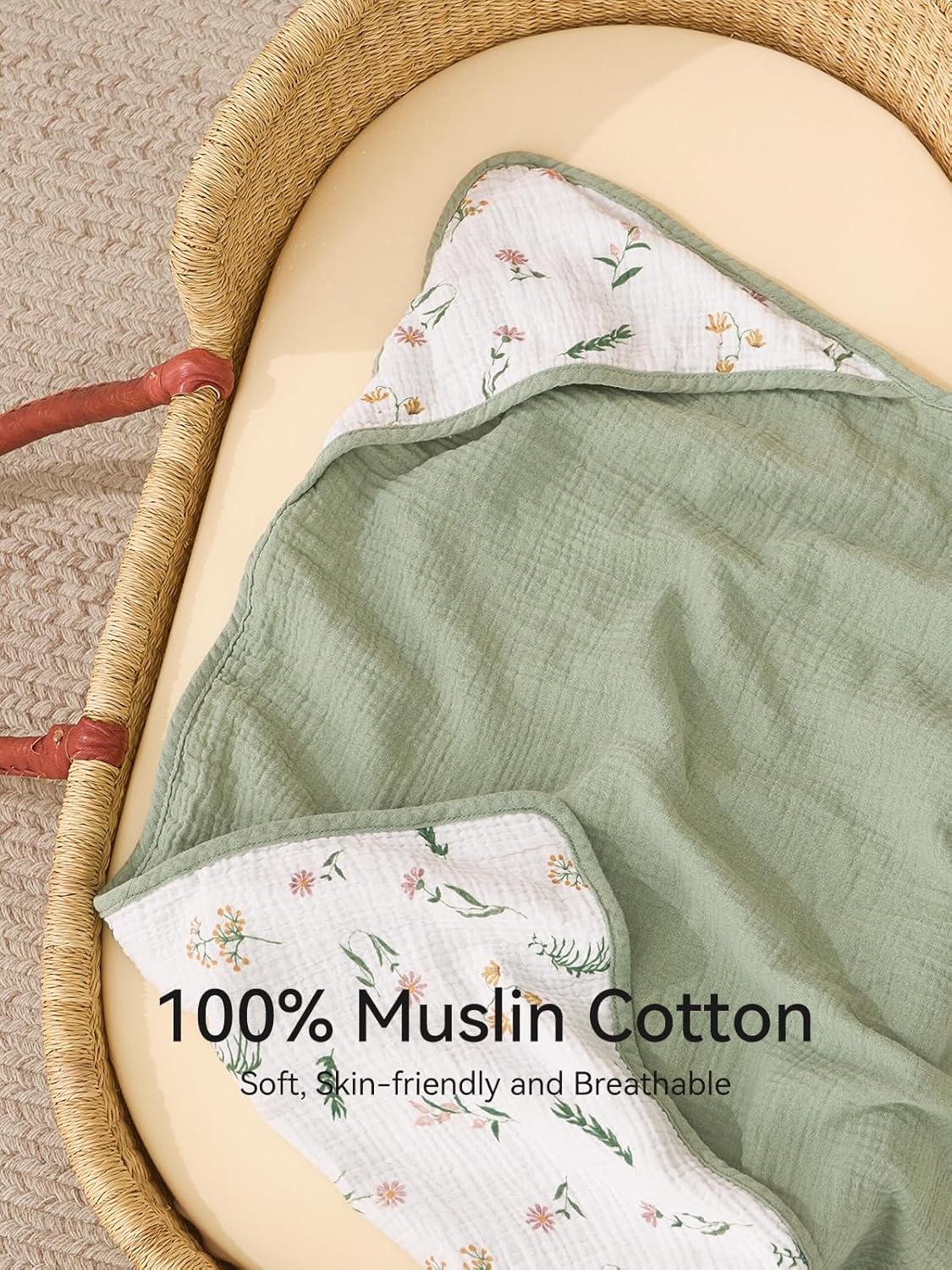 TILLYOU Muslin Hooded Baby Towels for Newborn 2 Pack, 32x32Inch Soft Baby Bath Towel Highly Absorbent for Newborn and Infant, Essential for Newborn Care, Daisy