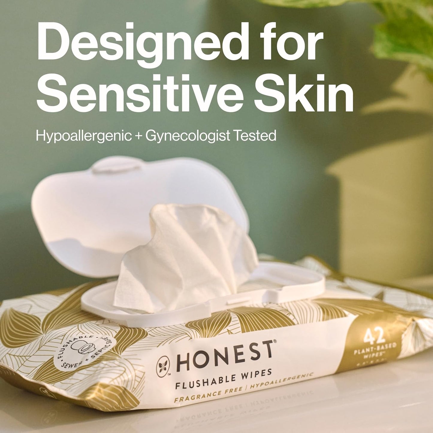 The Honest Company Flushable Wipes for Sensitive Skin, Fragrance-Free Hypoallergenic pH-Balanced Feminine Wipes, 99% Water Safe-to-Flush Wipes, Gilded Wings, 126 Count