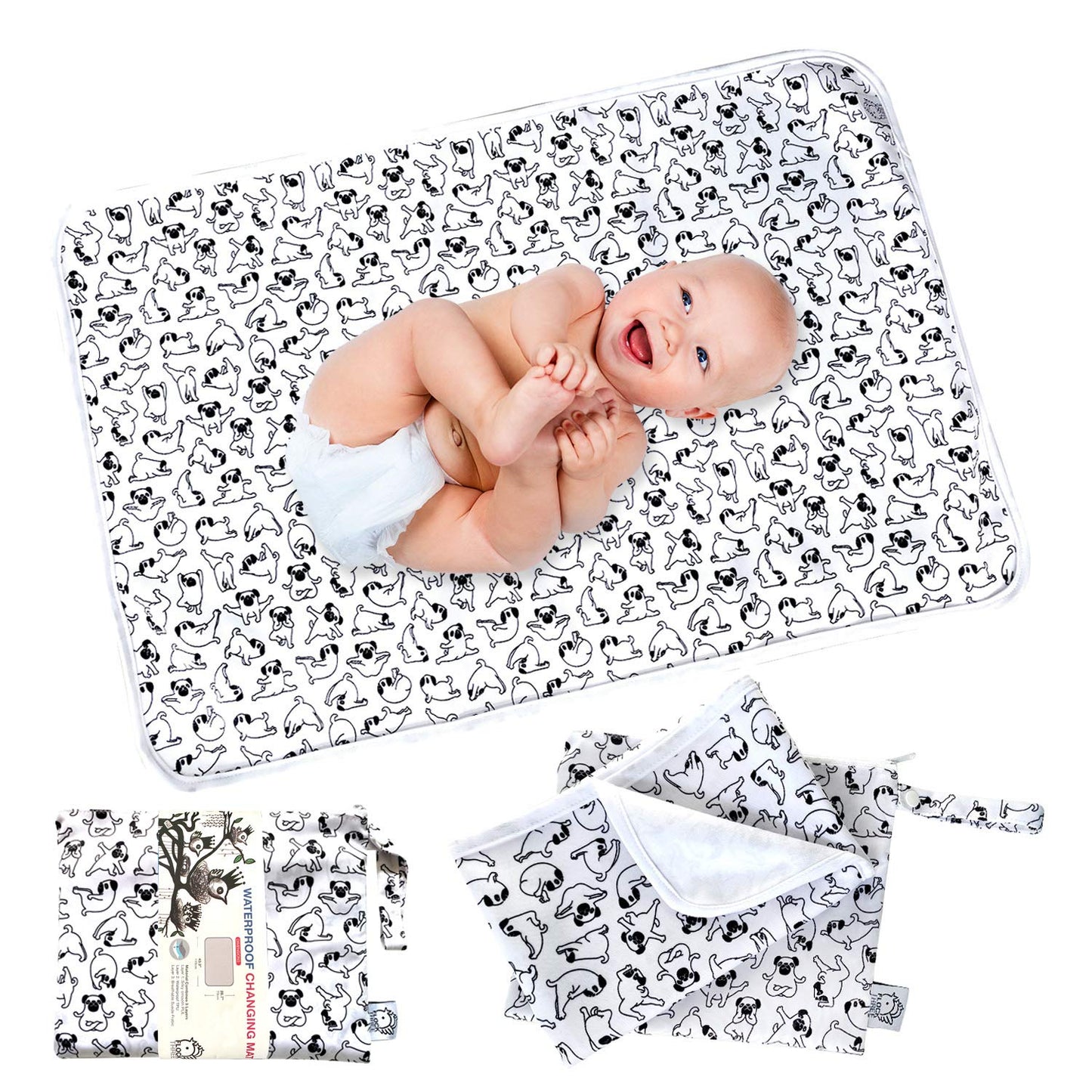 Flockthree Waterproof Baby Diaper Changing Pad with Storage Bag (28.7" X 19.7") Washable Wipeable Reusable Leak Proof Diaper Travel Mat Station Changing Mattress Liner Cribs Bed Cover, Dogs