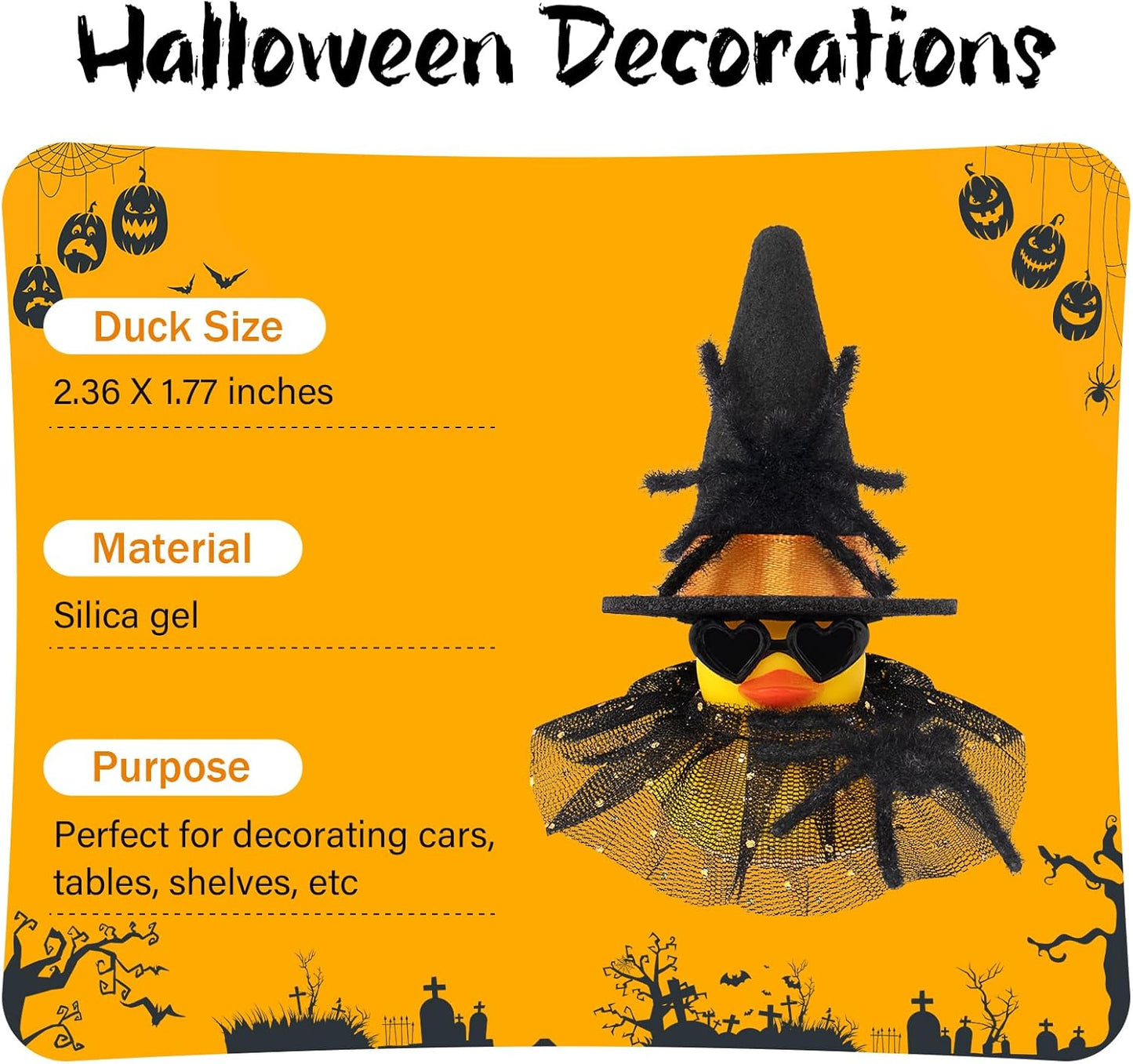 wonuu Car Dashboard Spider Witch Rubber Ducks for Halloween, Decorations Duck for Office Desk Ornament Accessories with Hat Glasses Skirt, for Halloween Party Gifts (Gold Point Skirt Orange)