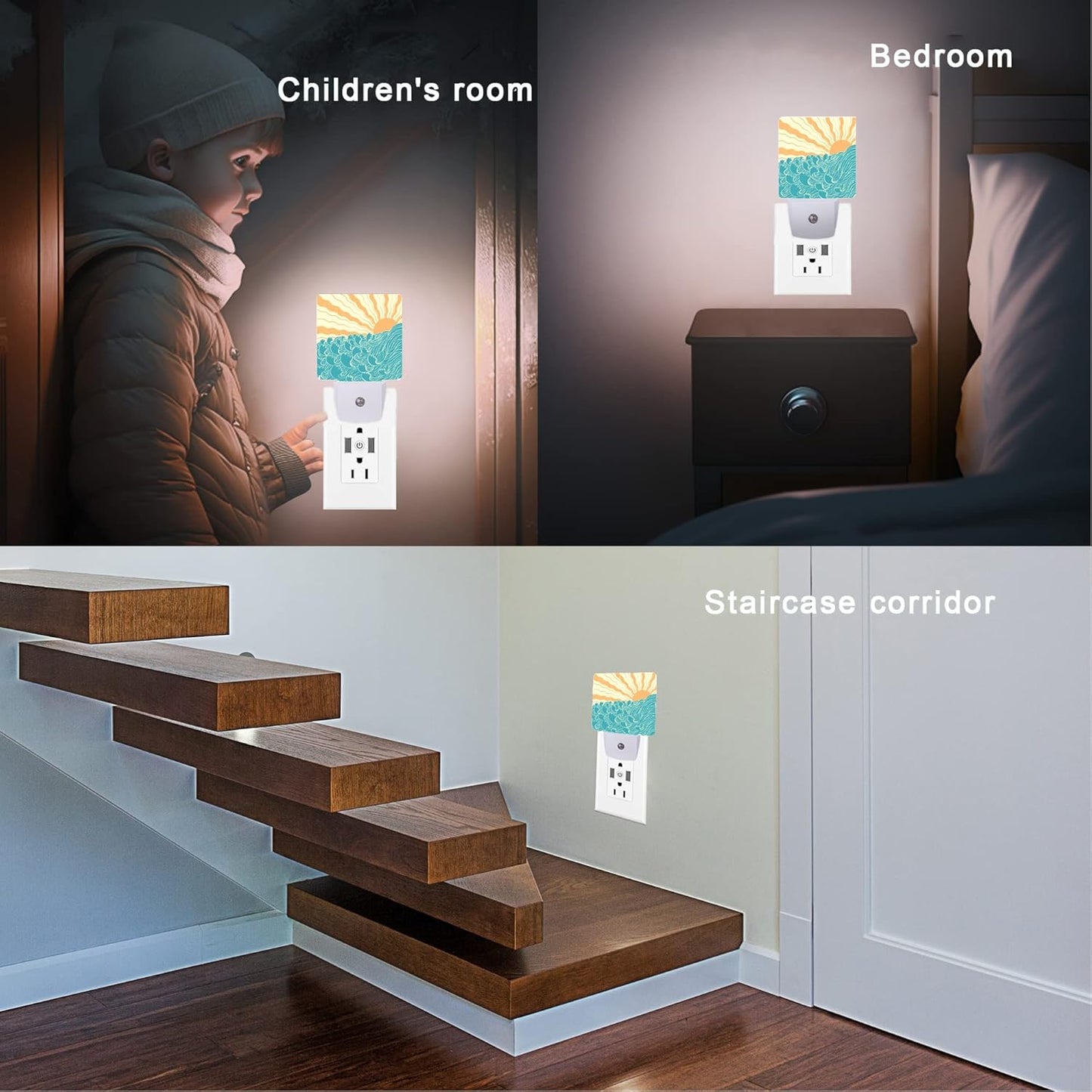 Waves Night Light,Sea Landscape Sun Plug-in Night Lights with Dusk-to-Dawn Sensor for Women/Girls/Boys Gift Sleep Friendly lamp for Bedroom, Bathroom and Living Room,0.5W