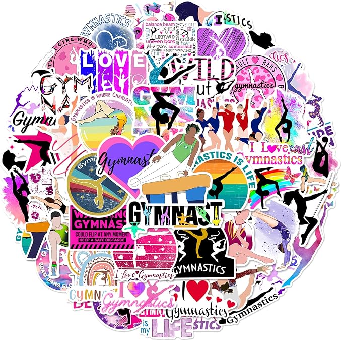 50 Pcs Gymnastics Stickers for Girls, Cute Gymnast Sport Vinyl Decals,