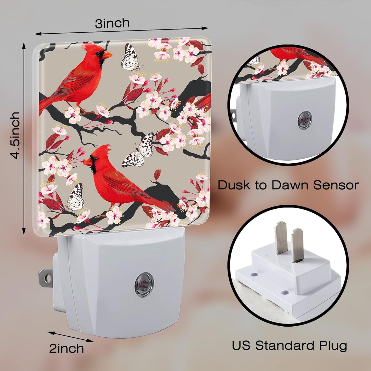 Red Cardinal with Cherry Blossoms Night Light for Kids,Pink Spring Floral Bird Night Light Plug in with Dusk to Dawn Sensor,0.5w Energy Saving Nightlight for Hallway Stairway Kitchen Bedroom