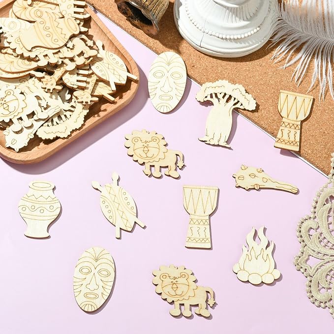 100 pcs Mixed Styles Grassland Animal Theme Unfinished Wooden Cutout Charms