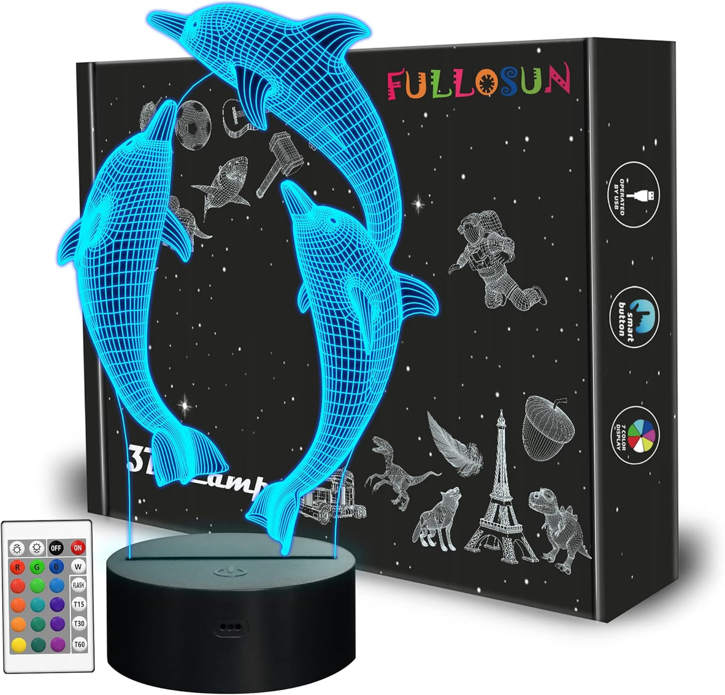 Night Light for Kids Ocean Dolphin 3D Night Light Porpoise Bedside Lamp with Remote Control 16 Color Changing Xmas Halloween Birthday Gift for Child Baby Girl