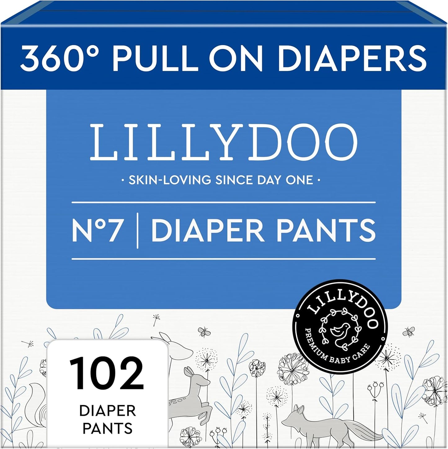 LILLYDOO Diaper Pants Toddlers - Size 7 (33+ lbs), Monthly Supply (102 Count), Skin-Friendly, Ultrasoft, Chlorine-Free, Snug Fit & Absorbent Pull On Diapers
