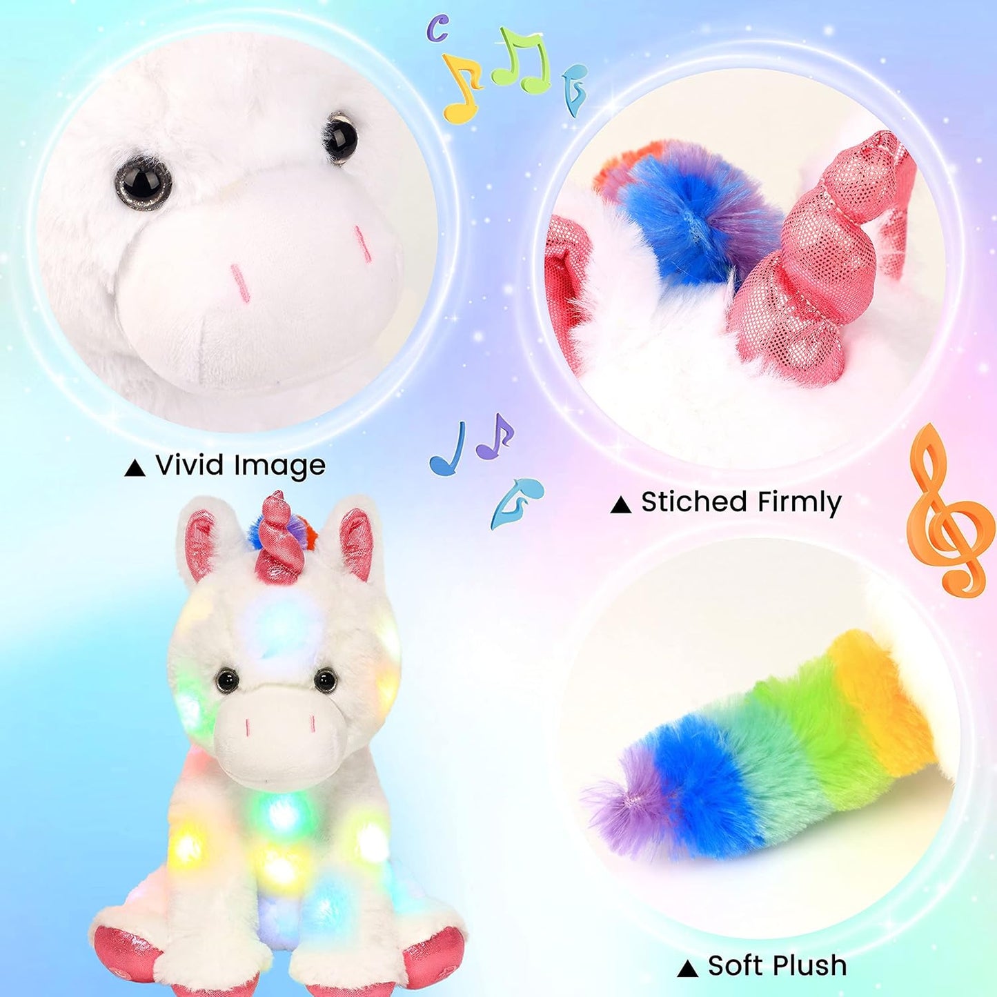 Hopearl LED Musical Stuffed Unicorn Light up Singing Plush Toy Adjustable Volume Lullaby Animated Soothe Birthday Festival for Kids Toddler Girls, White, 13''