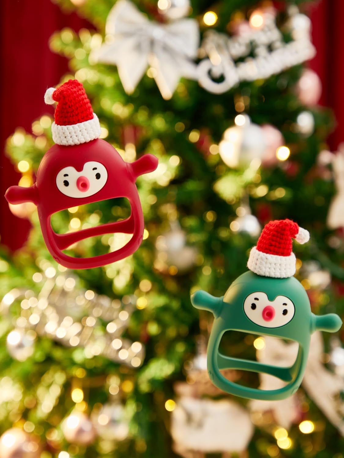 Baby Christmas Stocking Stuffers-Smily Mia Penguin Buddy and Reindeer 2 in 1 Christmas Gift/Toy Set for 0-12 Months Teething Babies, Teeting Mittens For Babies, Infant Christmas Gift Box-Christmas Red